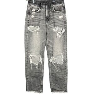 American Eagle Mom Jeans Womens 4 Faded Black Distressed High Rise Raw Hem 27x26